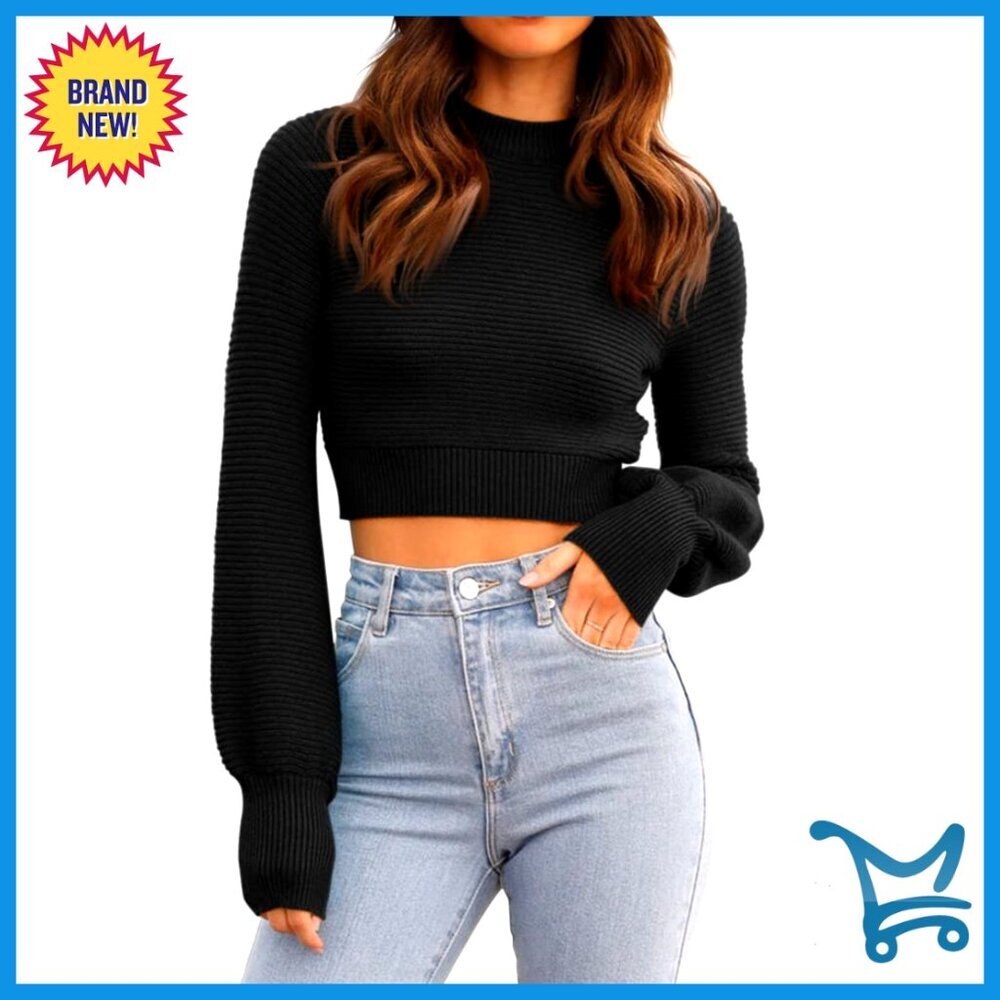 Ribbed Knit Cropped Sweater Long Sleeve Crew Neck Chic Slim Fit Pullover